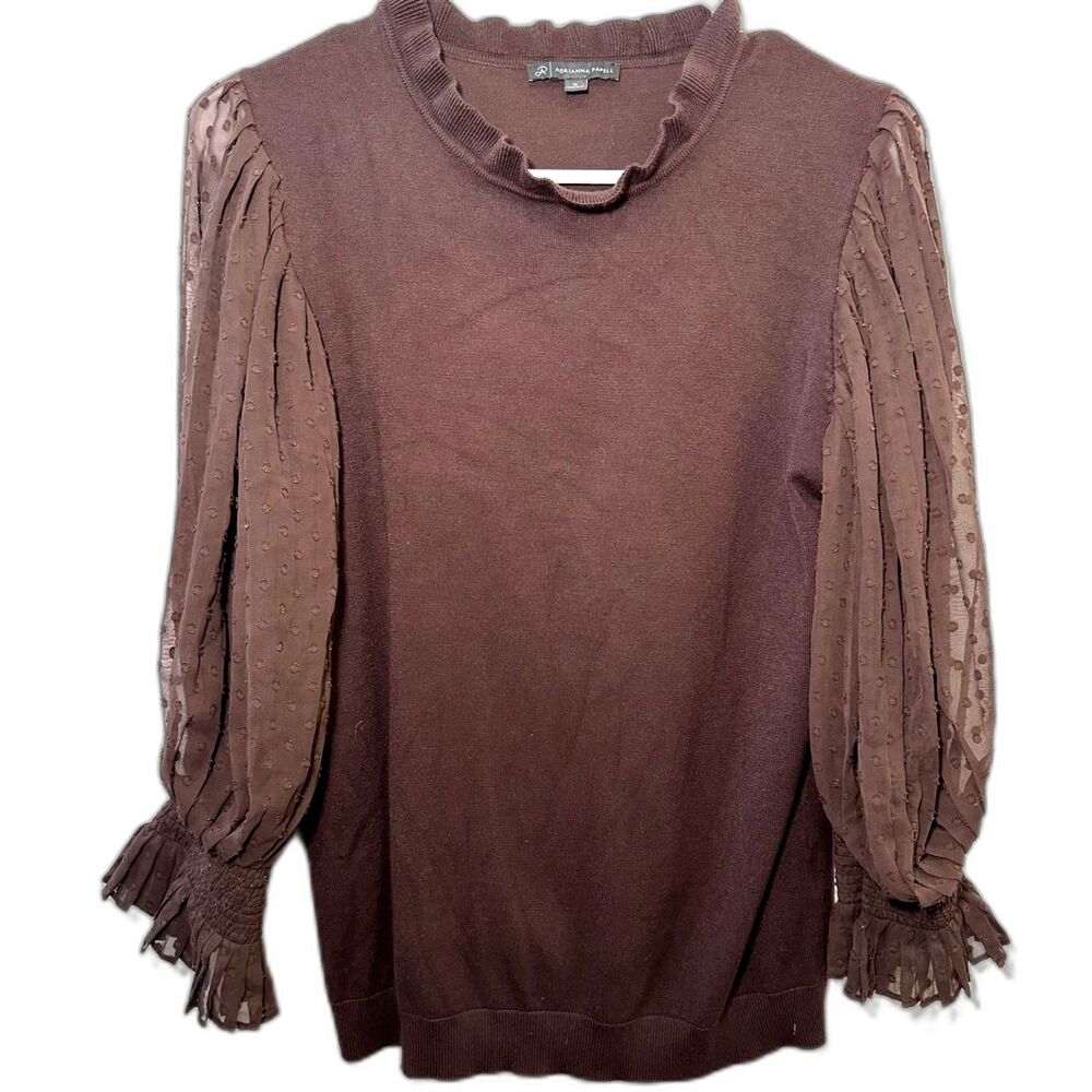 Adrianna Papell Brown Knit Sweater Top Sheer Swiss Dot Puff Sleeves Medium
